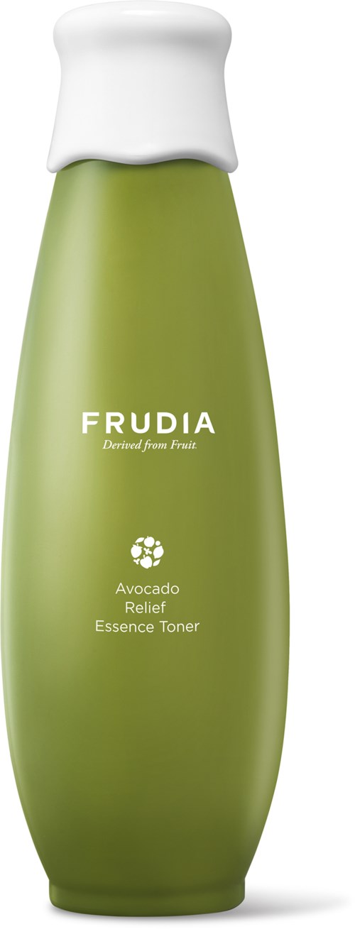 Grønn flaske med hvit tapp, merket 'FRUDIA,' inneholder avocado relief essence toner, produktbilde.