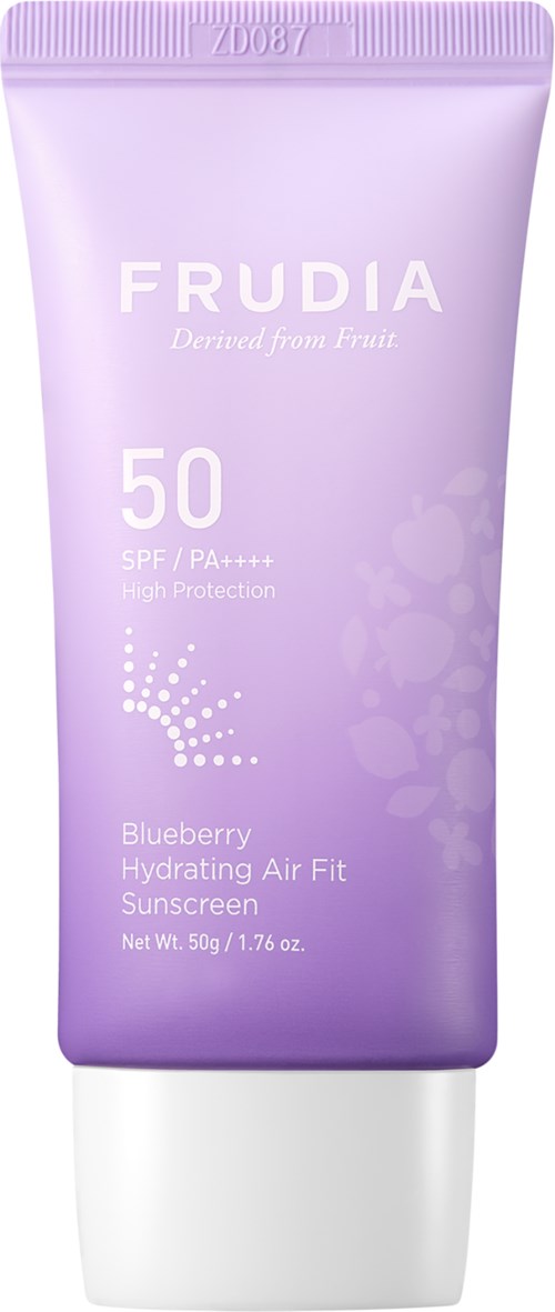 Lila Sonnencremetube mit SPF 50, Blaubeere, Hydratierend, Air Fit und Frudia Markenname.