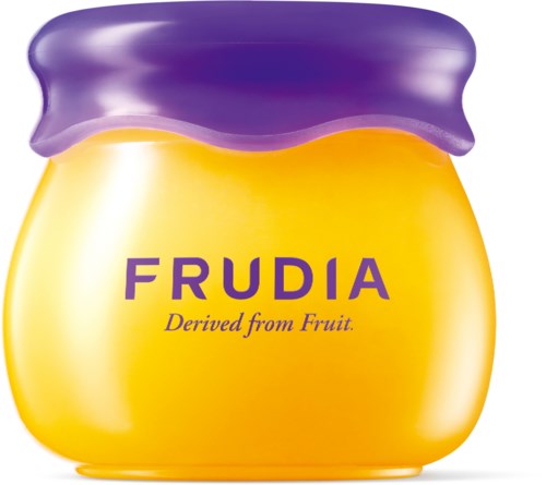 Gelber Behälter mit lila Deckel mit Aufschrift 'FRUDIA' und 'Derived from Fruit'.