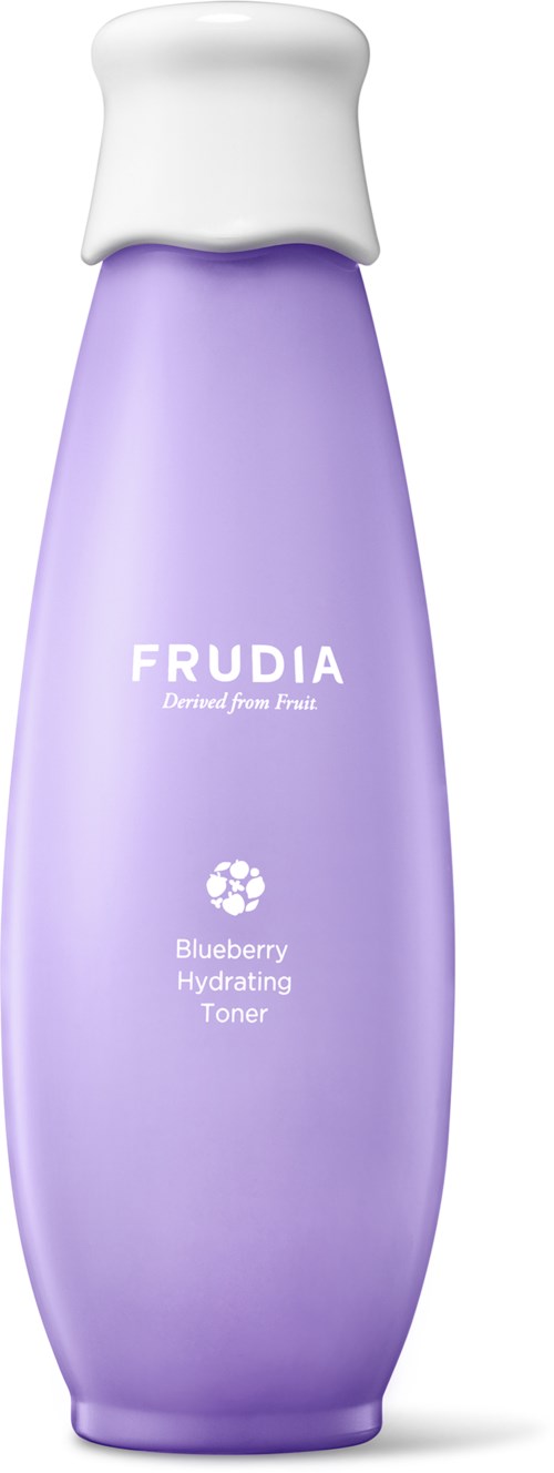 Eine lilafarbene Flasche mit weißem Deckel, beschriftet 'FRUDIA Blueberry Hydrating Toner' für Hautpflege.