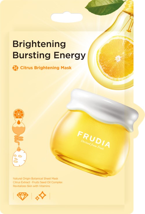 En ljusgul ansiktsmask med citronskiva och honungsburksbild, betonar citrus och vitaminer.
