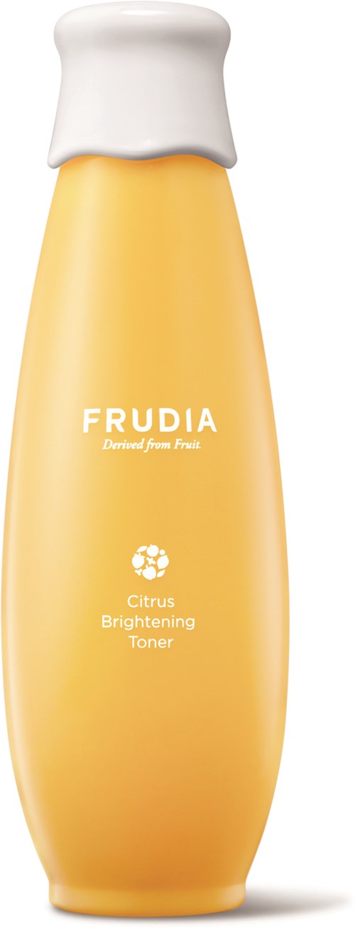 Eine gelbe Flasche mit weißem Deckel, beschriftet 'FRUDIA Citrus Brightening Toner', steht aufrecht.