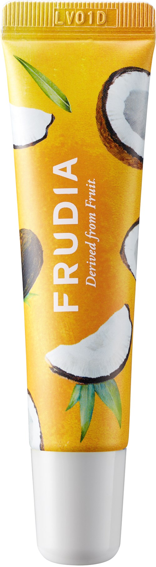 Eine Tube mit Fruchtgeschmack, Kokosnussbilder, gelber Hintergrund, mit den Worten "FRUDIA" und "Drinking from Fruit".