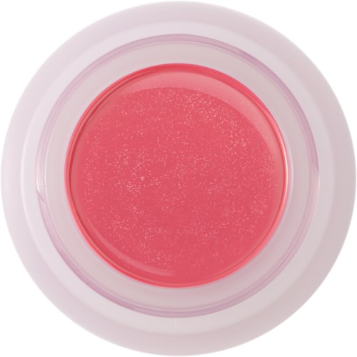Pink gel in a round container with a clear lid.