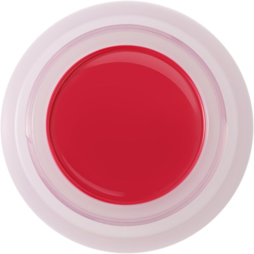 A red nail polish bottle top seen from above, with the polish inside visible.
