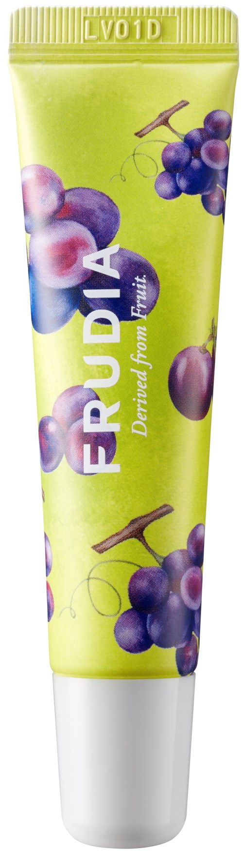 Grüne Tube mit lila Weintrauben und dem Wort 'FRUDIA', fördert Traubenextrakt-Hautpflege.