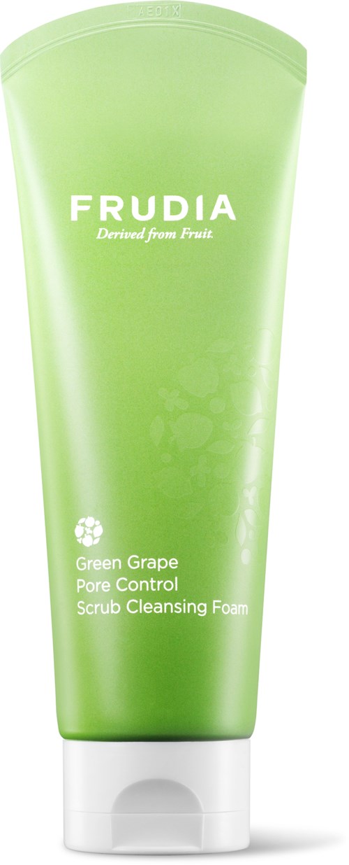 Groene tube met faciale reinigingsschuim met 'Frudia' erop, fruitafgeleid, voor porencontrole en reiniging.