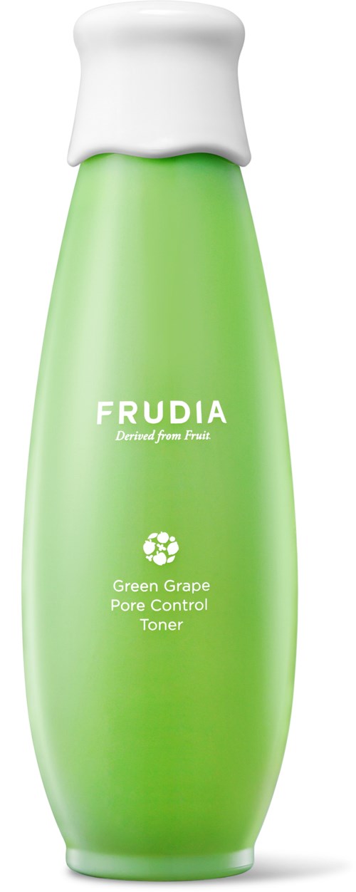 Groene fles met witte dop, gelabeld "FRUDIA" en "Green Grape Pore Control Toner."