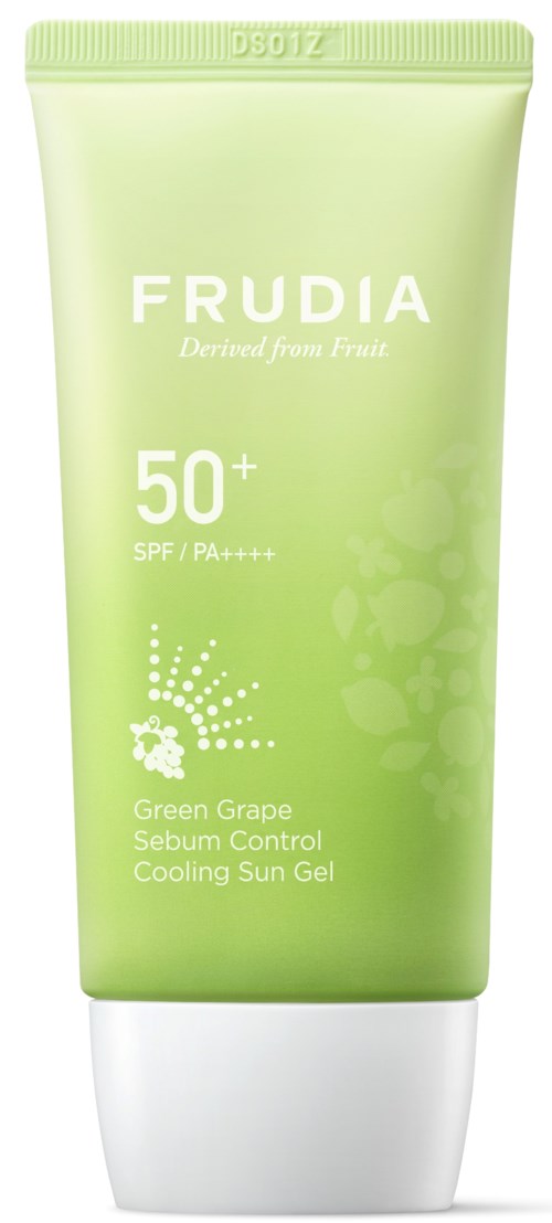 Grüne Tube Sonnencreme mit SPF 50+ und kühlender Aloe Vera, Frudia-Marke, Früchte.