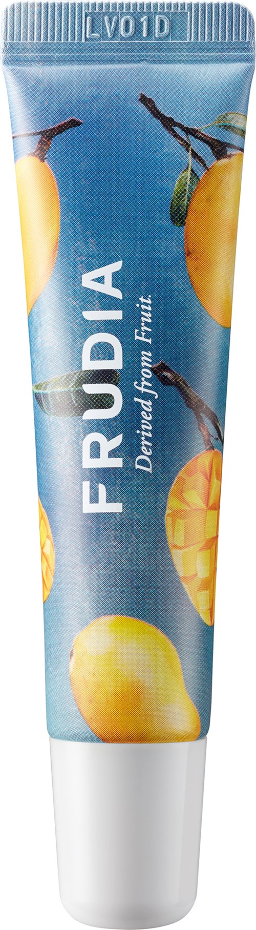 A tube with a blue background featuring images of yellow mangoes and the word "FRUDIA" with the tagline "Derived from Fruit."