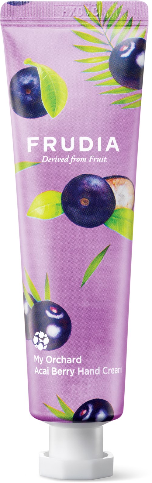 Lila Tube mit Handcreme, Blaubeeren- und Blattgrafik, beschriftet 'FRUDIA' und 'My Orchard Acai Berry Hand Cream.'