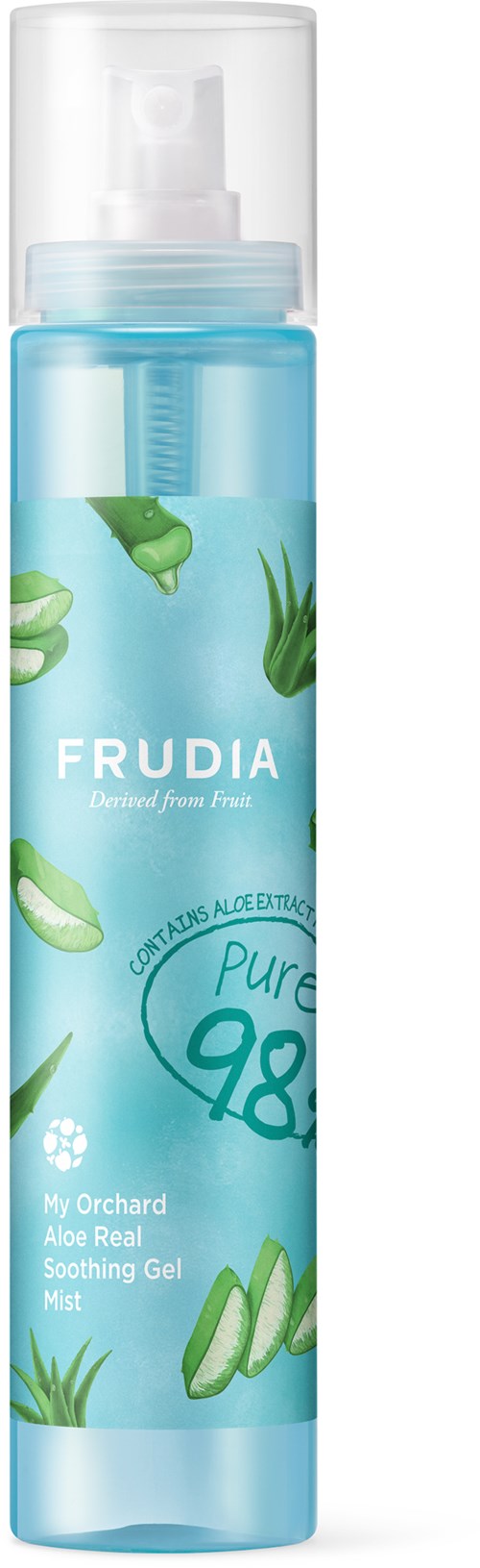 Eine Sprühflasche mit Aloe Vera Beruhigungs-Gel, blauer Etikett und grünen Aloe-Bilder, genannt Frudia.
