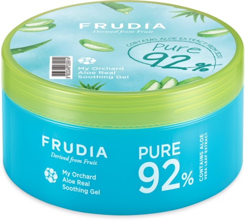 Eine blaue Schale mit Frudia Aloe Vera beruhigendem Gel, Hervorhebung auf 92% Aloe und fruchtbasierte Inhaltsstoffe.