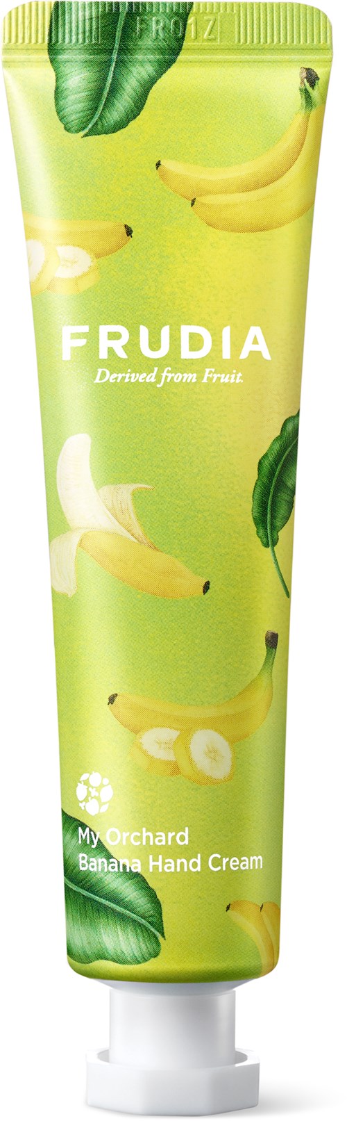 Grüne Tube-Verpackung mit Bananen und Blättern. Text sagt "FRUDIA" und "Banana Hand Cream."