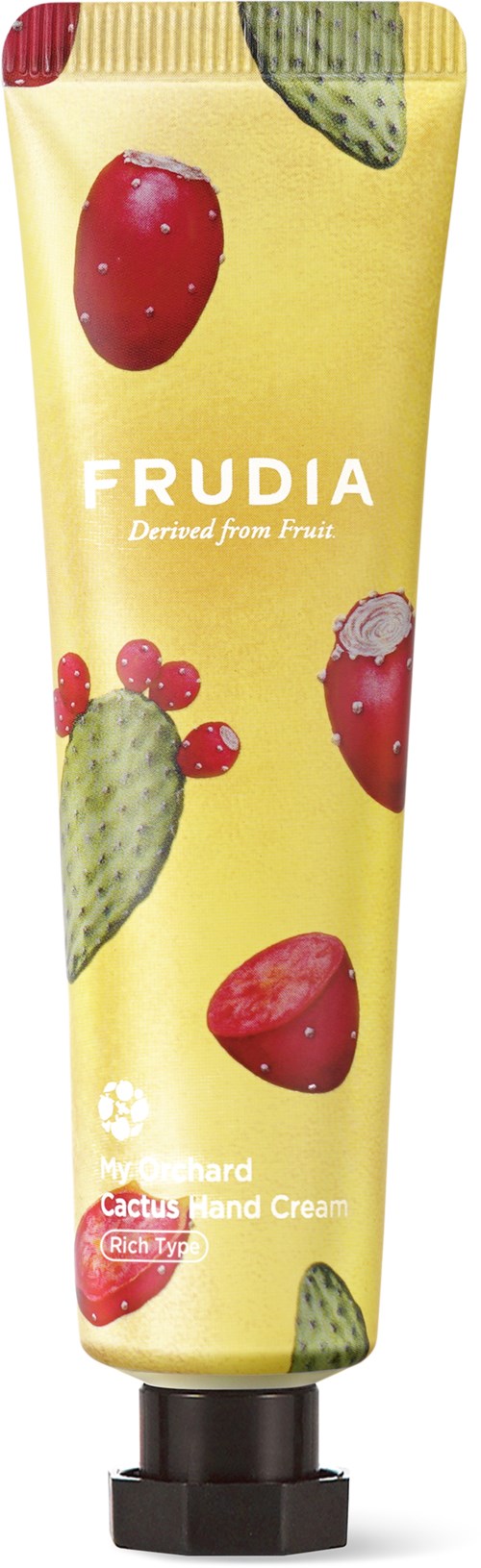 Gelbes Röhrchen mit Erdbeeren und Kaktus-Illustrationen, beschriftet "FRUDIA" und "Cactus Land Cream".