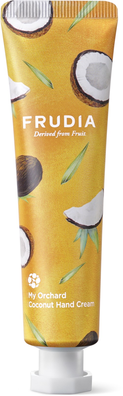 Gelbe Tube mit Kokosnussbildern und Text "FRUDIA" und "Coconut Hand Cream".