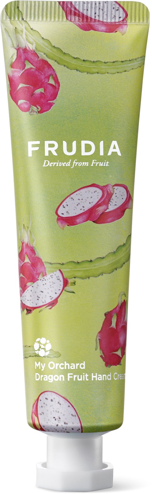 Ein grüner Tube mit Drachenfruchtbildern und Text, bewirbt Frudia Handcreme von My Orchard.