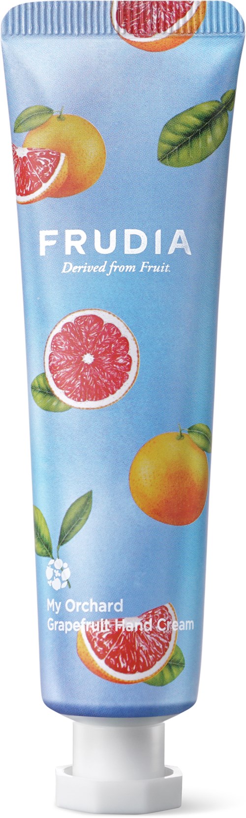 Blaue Tube mit Zitrusfruchtdesign, Beschriftung 'FRUDIA' und 'Derived from Fruit', enthält Grapefruit-Handcreme.