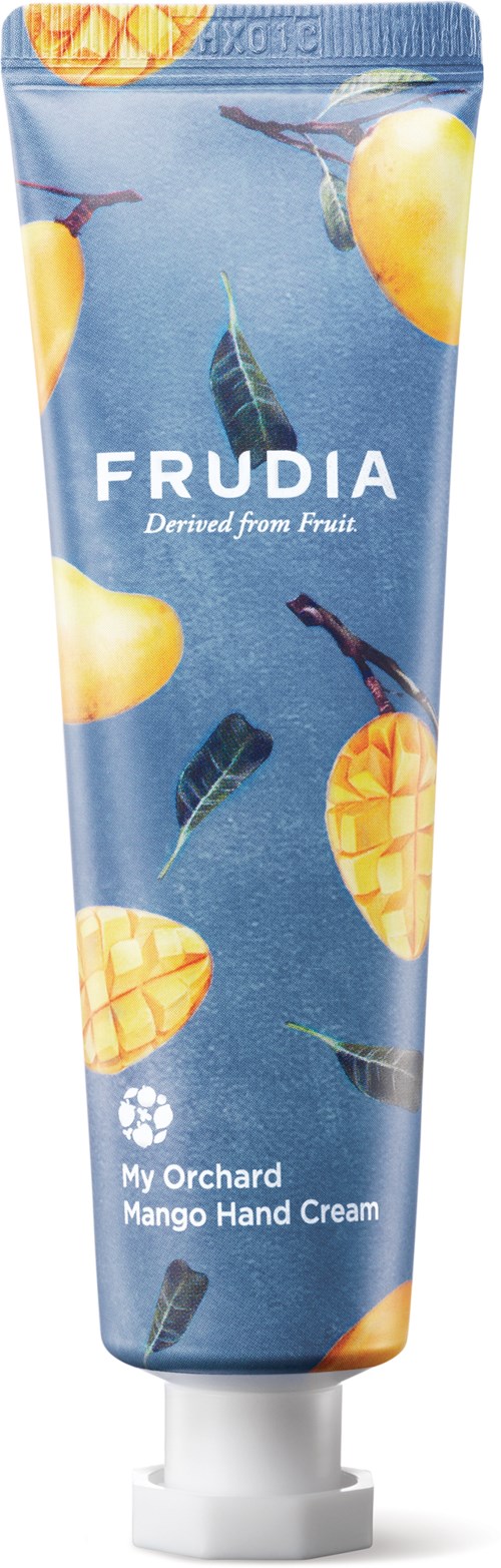 Ein blauer Tub mit Mango und Blattillustrationen, beschriftet 'FRUDIA' und 'My Orchard Mango Hand Cream'.