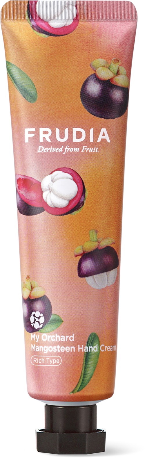 Eine Tube Handcreme mit Mango- und Mangosteen-Bilder und Markenname Frudia.
