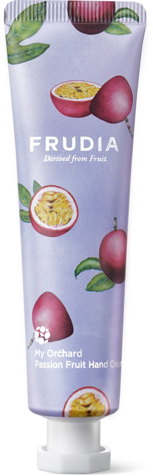 Tube mit Passionfrucht-Logo, lila Hintergrund und grünen Blättern. Enthält Handcreme, Etikett sagt "Frudia" und "Passion Fruit."