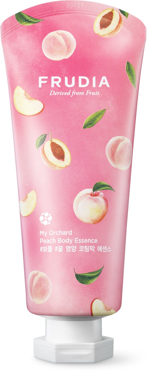 Pink tube with peach and leaf illustrations, labeled 'FRUDIA Peach Body Essence' from My Orchard.