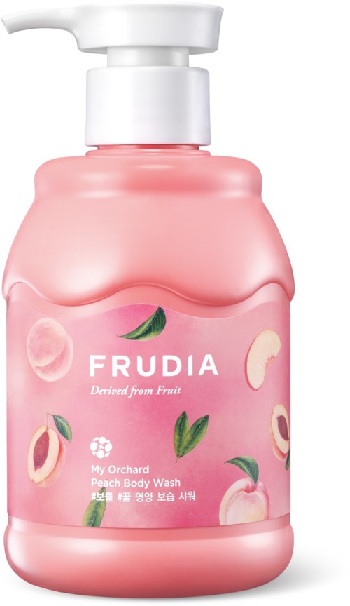 Pinky kroppsvaskeflaske med fersken og fruktIllustrasjoner, merket 'FRUDIA Peach Body Wash'.