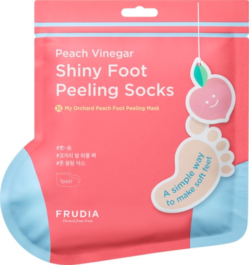 Verpackung für Peach Vinegar Fußpeeling-Socken mit Kirschen-Illustration und Text für weiche Füße.