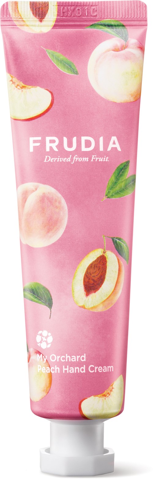 Rosa Tube mit Pfirsich-Handcreme, Bilder von Pfirsichen und Blättern, Markenname 'FRUDIA'.