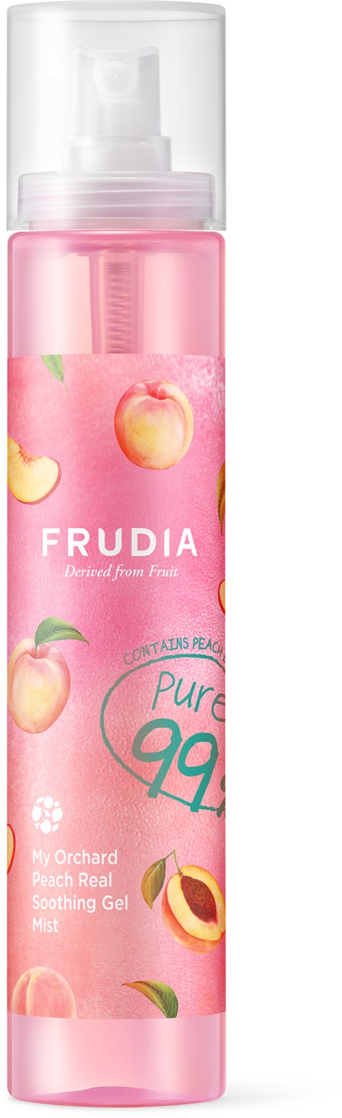 Pink spray bottle with peach and apricot images, labeled 'FRUDIA,' containing soothing gel mist for skin.