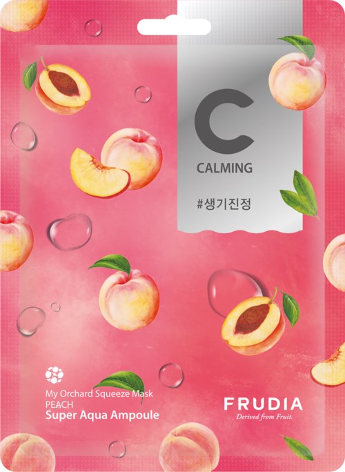 A pink facial mask package with peach illustrations, some bitten, showing liquid droplets and green leaves, labeled as calming.