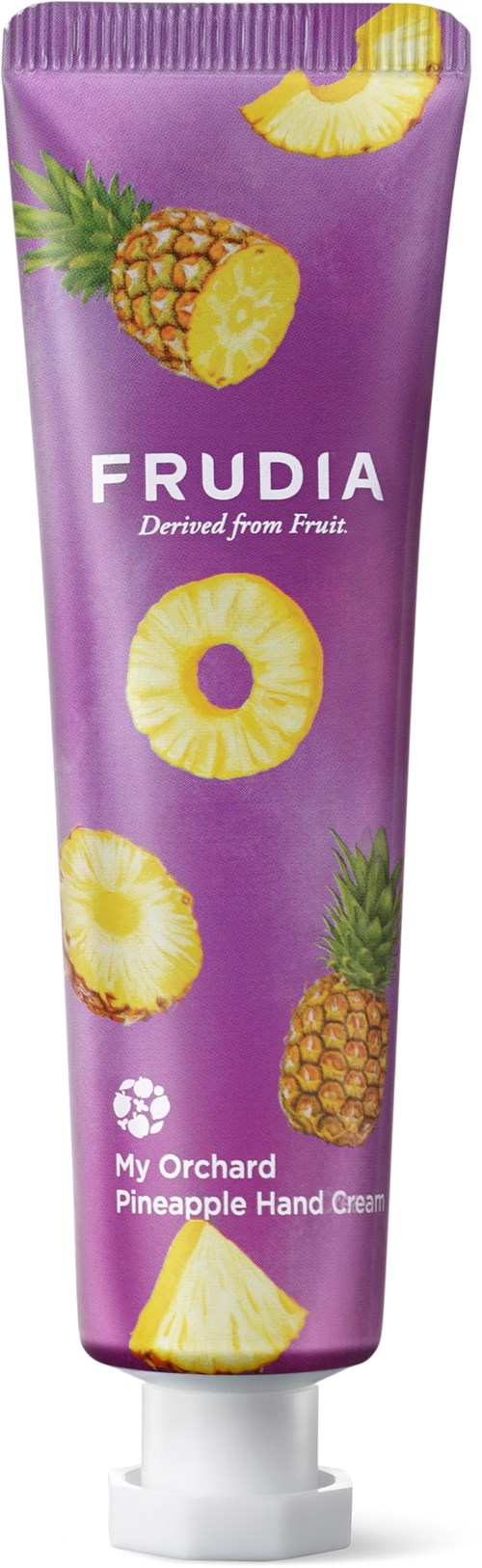 Lila Tube mit 'FRUDIA' Beschriftung, Ananas- und Ananasscheiben, und 'My Orchard Pineapple Hand Cream'.