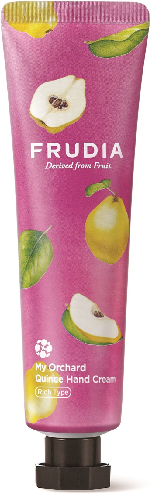 Eine rosa Tube mit Bildern von Birnen, Blättern und einer weißen Blume, beschriftet 'FRUDIA' und 'Quince Hand Cream'.