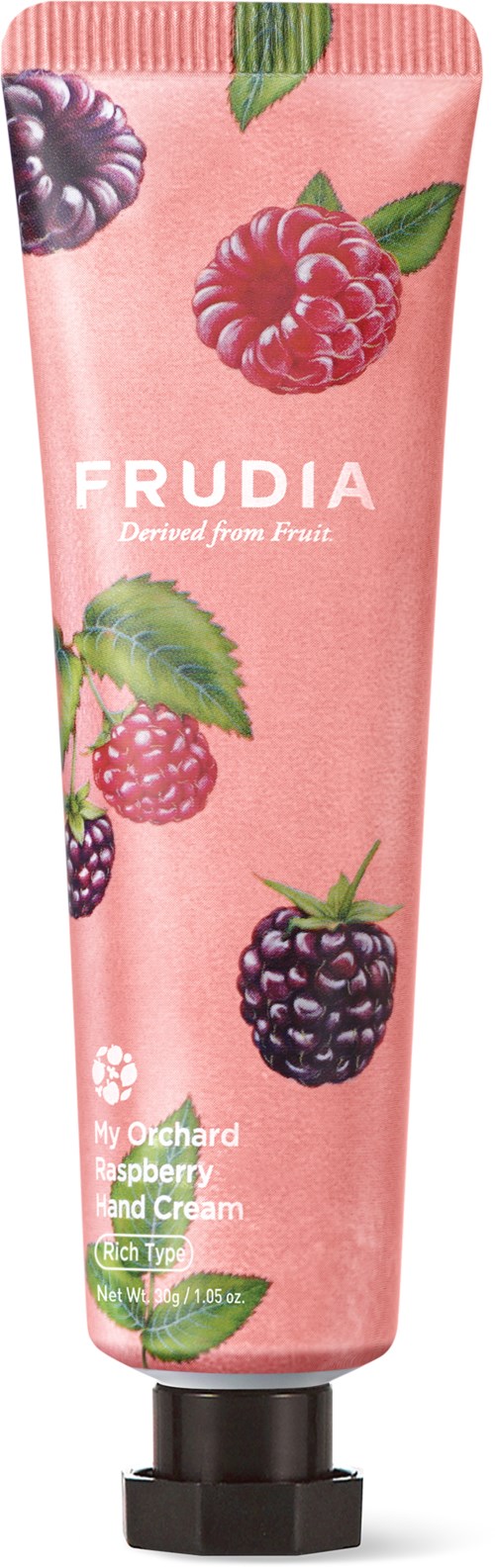 Ein rosa Tube mit Himbeer- und Brombeerenillustrationen, beschriftet 'FRUDIA' mit Beerenthema.
