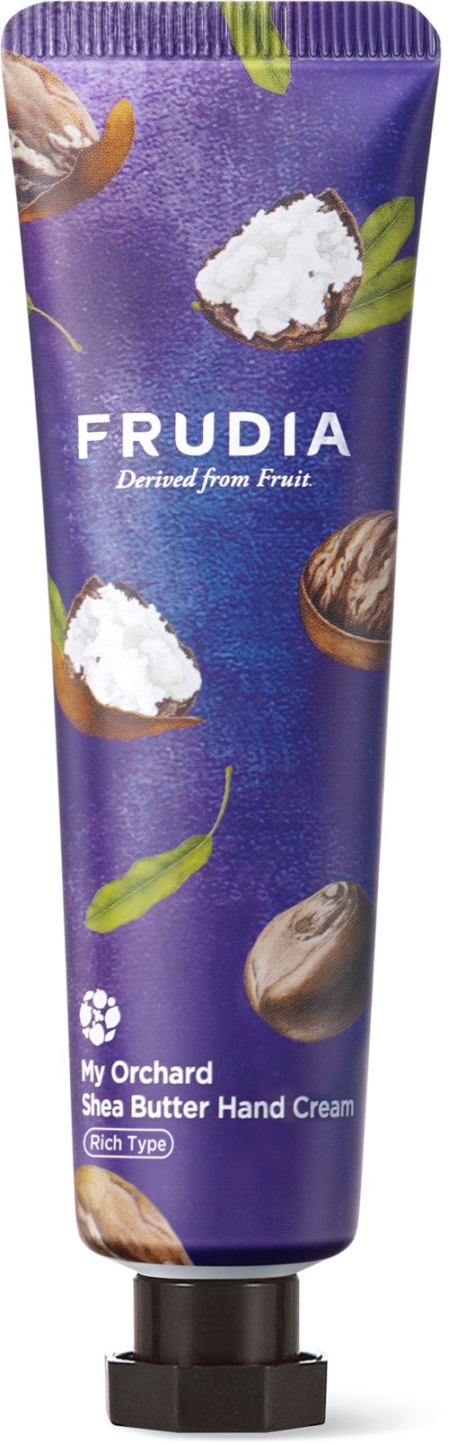 Lila Tube mit Kokosnussbilder, bezeichnet als Frudia Shea Butter Hand Cream, reichhaltige Sorte, von My Orchard.
