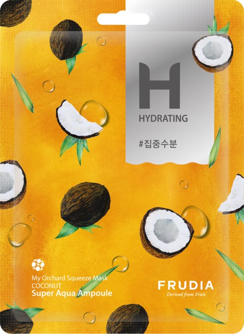 Orange ansiktsmask med kokosbilder och droppar, märkt 'Hydrating' och 'Frudia' för hudvård.