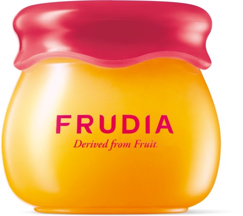 En gul burk med ett rosa lock, märkt "FRUDIA" och "Derived from Fruit." Den ser ut som en kosmetisk eller skönhetsprodukt.