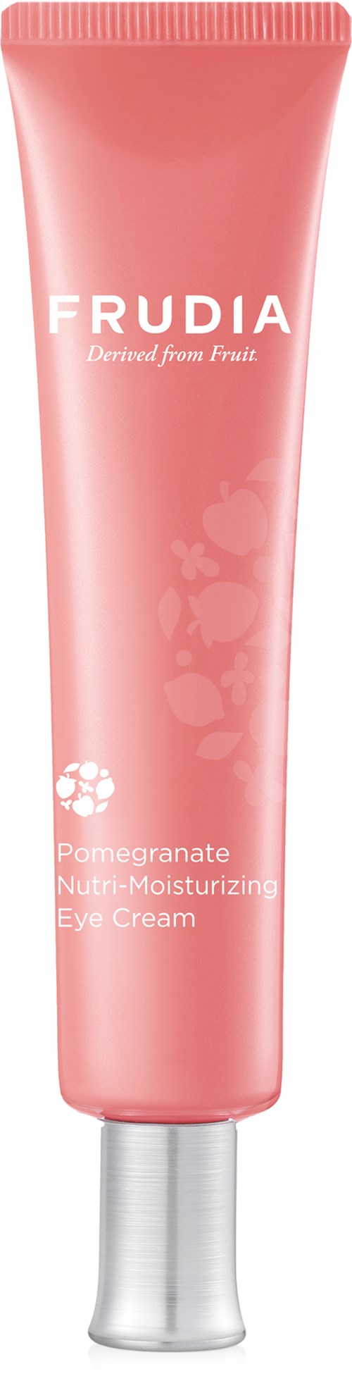 Pink tube of Frudia pomegranate eye cream with white text and flower design.