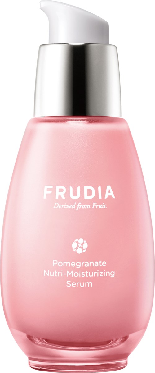 Vaaleanpunainen pullo hopeanruskealla pumpulla. Se on merkitty 'FRUDIA' ja 'Pomegranate Nutri-Moisturizing Serum'.