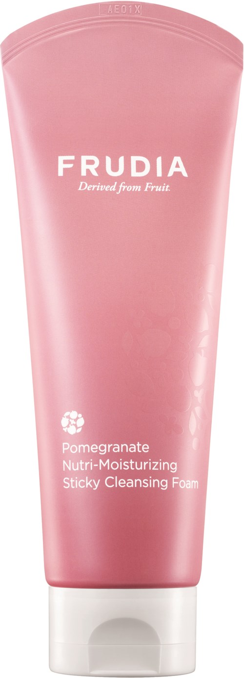 Różowa tubka z pianką do mycia twarzy Frudia Pomegranate Nutri-Moisturizing Sticky Cleansing Foam. Z ekstraktem z granatu.