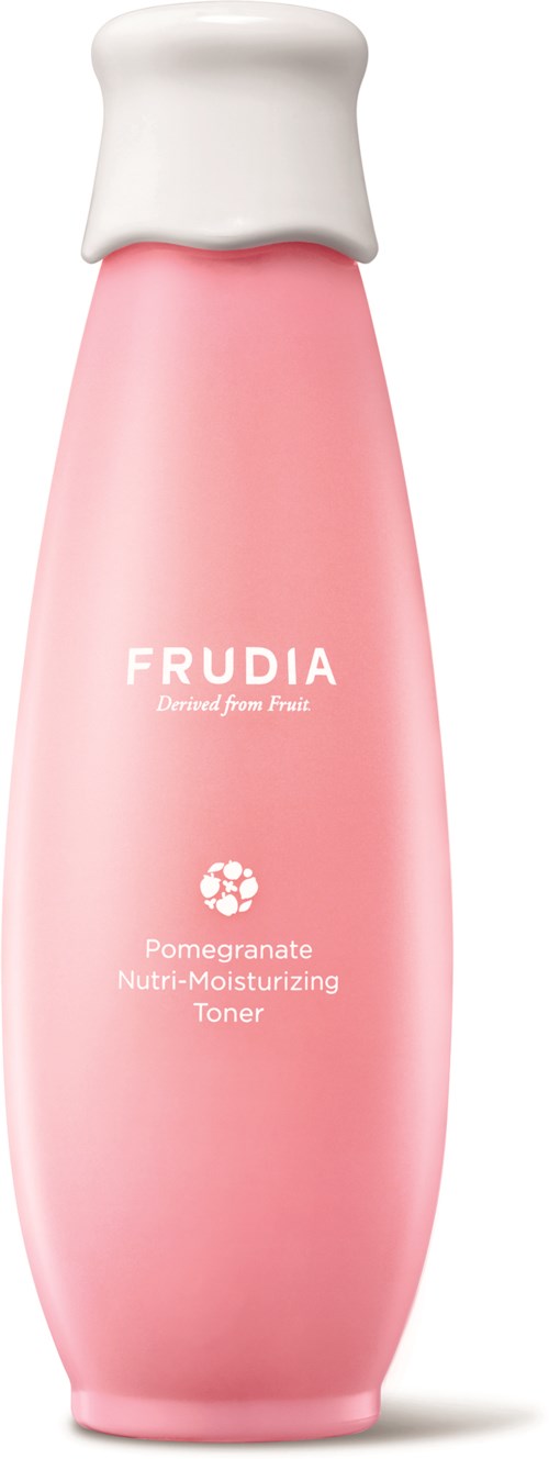 Pinkki pullo Frudia Pomegranate Nutri-Moisturizing Tonerilla ja valkoinen korkki.