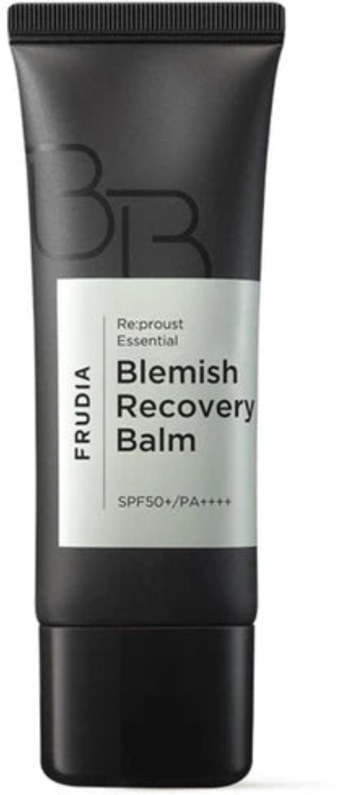 Een zwart-witte tube met huidverzorgingsproduct genaamd Blemish Recovery Balm, met SPF50 en PA++++, van Frudia.
