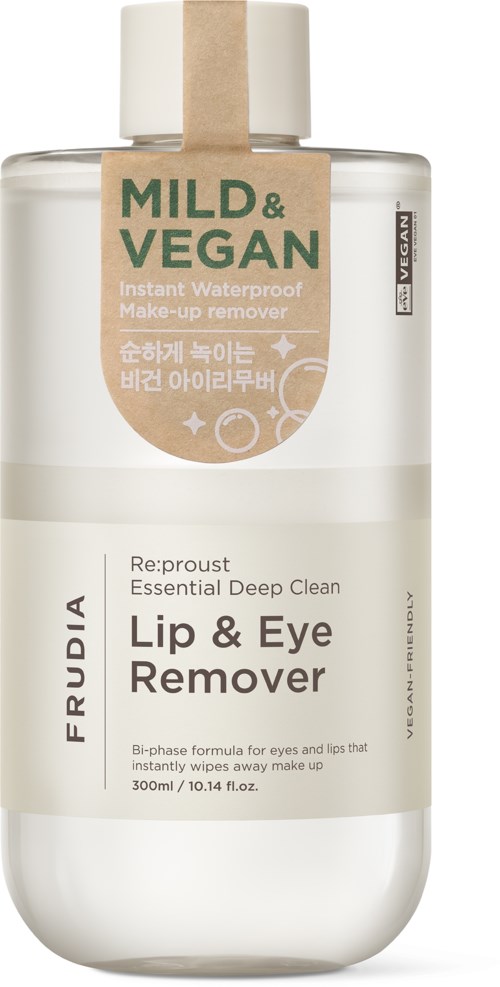 Eine klare Flasche mit beigeem Verschluss. Etiketten sagen, es ist ein veganes, wasserdichtes Make-up-Entferner für Lippen und Augen.