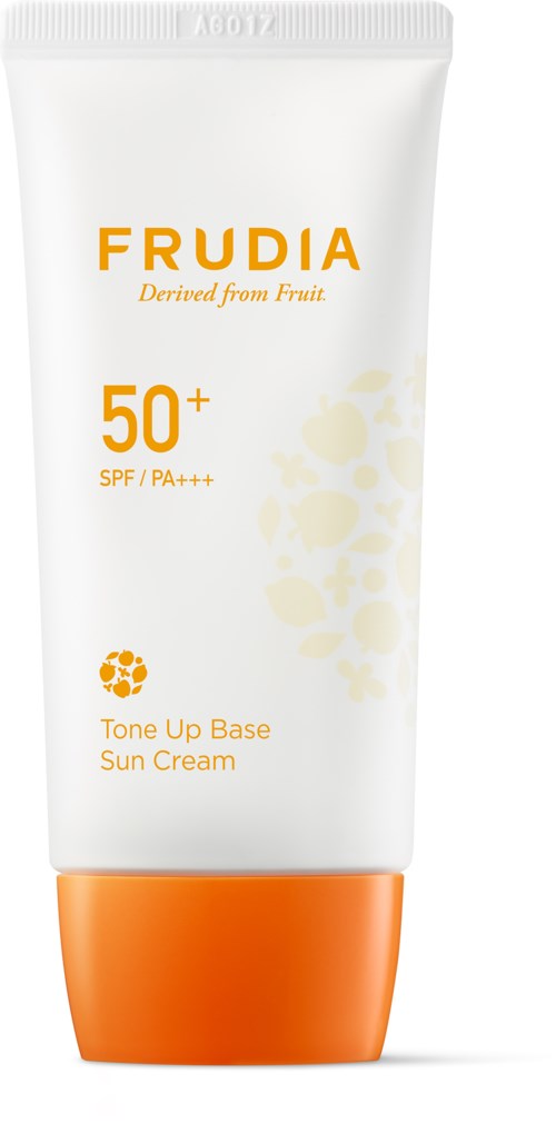 A white tube of sun cream with an orange cap, labeled 'FRUDIA' and '50+ SPF'.