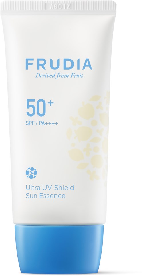 Frudia Sun Essence with SPF 50+ offers high sun protection in a white and blue tube.