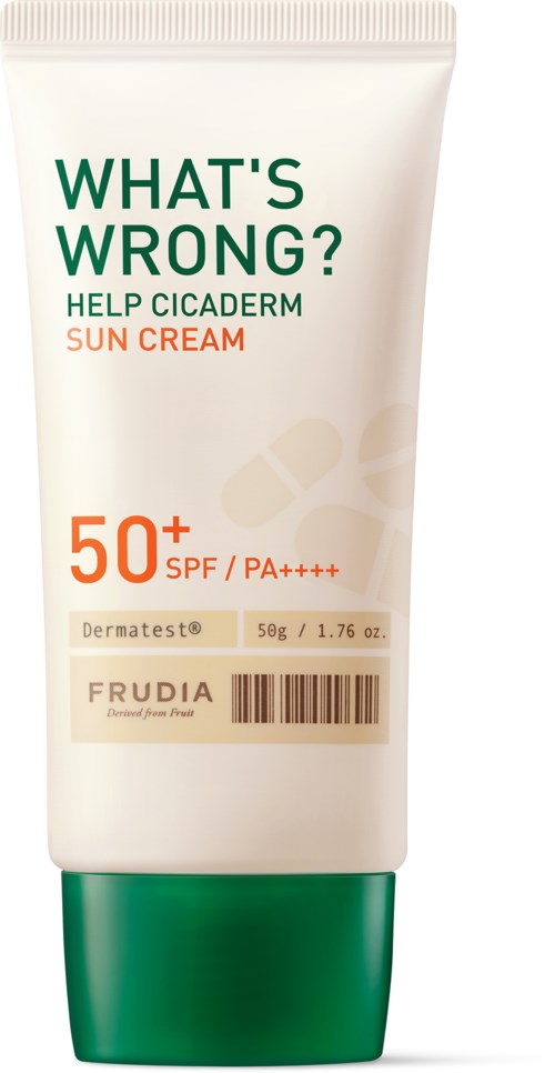 Solskyddscreme med SPF 50+ och PA++++, märkt för hudvårdsstöd, i en vit och grön tub.