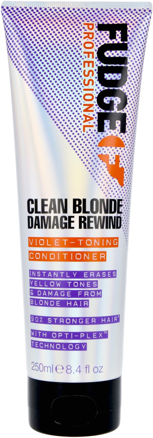 Een tube Fudge Professional Violet-Toning Conditioner met branding, dat uitlegt dat het helpt bij blond haarbeschadiging en kleuring.