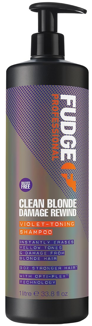 Eine schwarze Flasche mit Pumpstoß, als professionelles Bleichschaden-Wiederherstellungs-Shampoo für blondes Haar, mit lila und weißen Text.