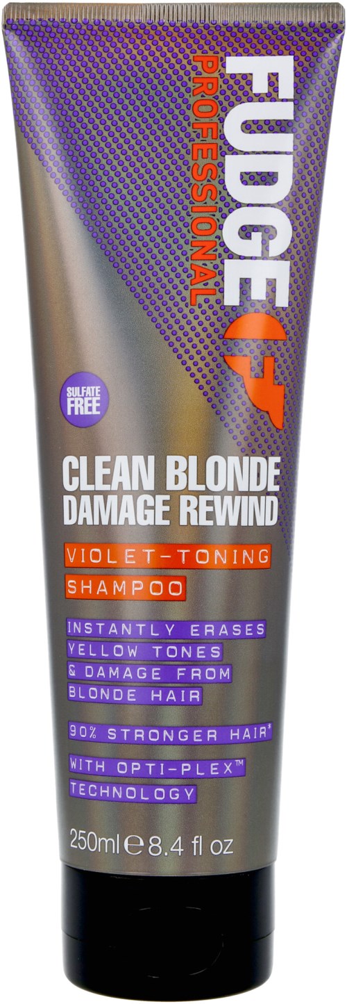 Eine Tube Fudge Professional Shampoo für Blondinen, orange- und violettfarbiger Text, silber, lila und schwarzes Design.