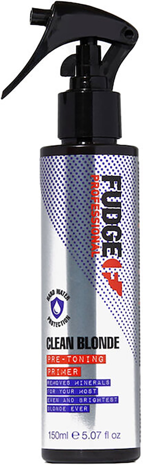 Een zilveren en zwarte spuitfles met 'Fudge Professional' text, bedoeld voor haarvoorbehandeling.